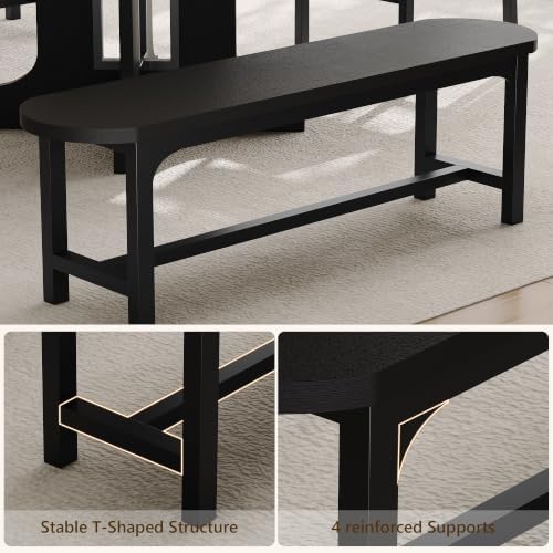 Einhomn 59" Extendable Round Dining Table Set for 4-6, 5-Piece Kitchen & Dining Room Table with 2 Chairs & 2 Benches, Wood Oval Dinner Table with Heavy Duty Pedestal Base, for Small Spaces, Black - Image 5