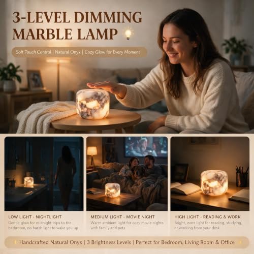 Natural Marble Touch Lamp, Rechargeable Cordless Bedside Lamp, Up to 10H Runtime, 3 Way Dimmable Night Light with USB-C Cable, IPX4 Water Resistant Warm LED Lamp for Bedroom Desk Camping Decor - Image 4