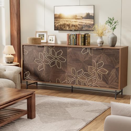 Mericonia 64 Inch Large Buffet Cabinet with Storage, Modern Mid-Century Walnut Sideboard with 4 Doors & Adjustable Shelves, Accent Credenza Coffee Bar for Kitchens, Dining Room, Living Room, Entryway - Image 3