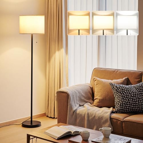 Ambimall Modern Standing Floor Lamp for Living Room & Bedroom with 3 Color Temperatures Bulb & Pull Chain Switch, 60" Tall with Beige Shade & Black Pole by Ambimall