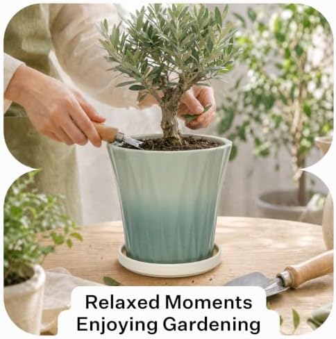 6.6 Inch Ceramic Planters with Drainage Hole and Saucer,Indoor Outdoor Large Flower Pots, Garden Pot for Plant Lovers (Wave Green) - Image 5