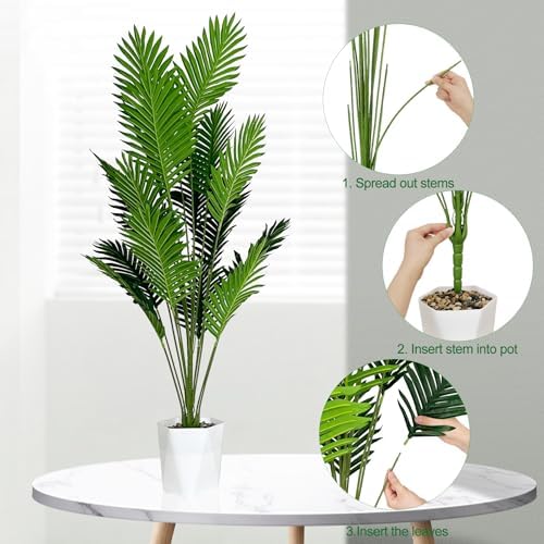 SAJANDAS Set of 2 Artificial Areca Palm Plants in Pots, 51 Inch Fake Tropical Palm Trees with Greenery Leaves and Stems, Faux Dypsis Lutescens Floor Plants for Office, Store, Garden, Home Decoration - Image 5