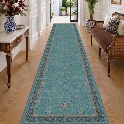 Hazo Haus Washable 3x16 Extra Long Hallway Runner Rug, Boho Aqua Blue Large Kitchen Floor Rug Indoor, Non-Slip Stain & Fade Resistant, Vintage Unique Teal Floral Décor by HazoHaus