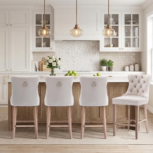 SoarFlash Modern Velvet Upholstered Bar Stools Set of 4 with Wood Legs, Button Tufted,Chrome Nailhead, Counterstool Seat, Armless Bar Chairs (Beige) - Image 5