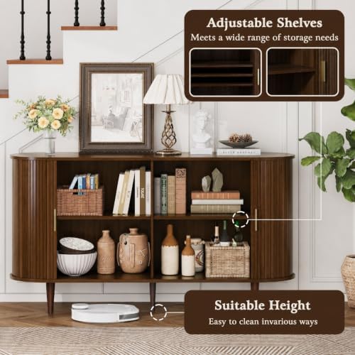 DHH Sideboard Buffet Cabinet with Storage,Mid Century Modern Fluted Accent Coffee Bar Console Table,Tambour Sliding Doors& Adjustable Shelf for Kitchen, Living Room, Entryway(Walnut,55 Inch) - Image 4