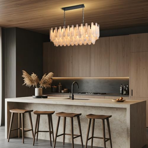 Chandeliers for Dining Room, L47.2 in Modern Alabaster Rectangle Black Chandelier, 4-Tiers Luxury Natural Stone Ceiling Light Fixture, White Marble Chandeliers for Kitchen Island Living Room Bedroom - Image 4