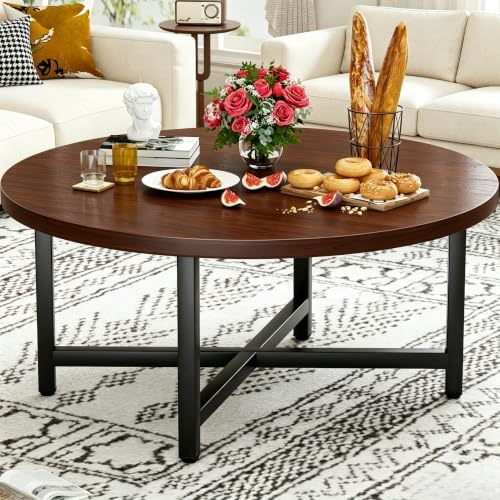 Coffee Table, Round Coffee Tables for Living Room, Floor Table for Sitting on The Floor, Center Coffee Table with Metal Frame for Office Apartment Home (31.5" D Round Walnut) by FURMORENE