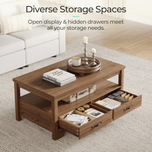 LINSY HOME Farmhouse Coffee Table with Storage, Wood Coffee Table for Living Room, Open Display Area and Storage Drawers with Metal Handles, Chic Style with Curved Base, Walnut - Image 4