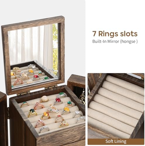 Meangood Jewelry Box Wood for Women, 5-Layer Large Organizer Box with Mirror & 4 Drawers for Rings, Earrings, Necklaces, Walnut - Image 3