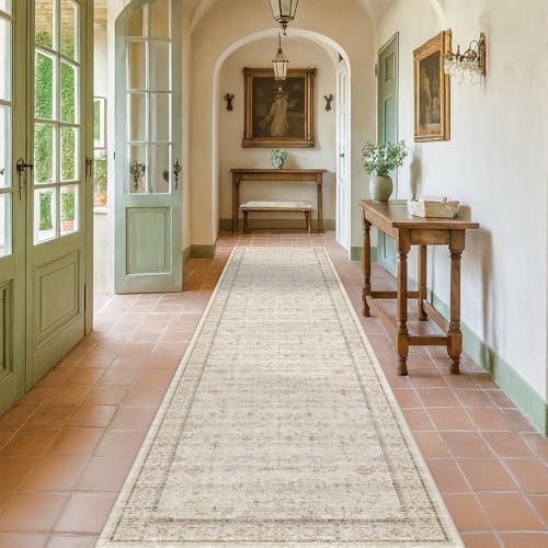 Beige Floral 3X12 Washable Long Hallway Runner Rug, Non-Slip Low-Pile Farmhouse Kitchen Rug, Neutral Vintage Distressed Oriental Carpet, Non-Shedding, Stain & Fade Resistant Home Décor by HazoHaus