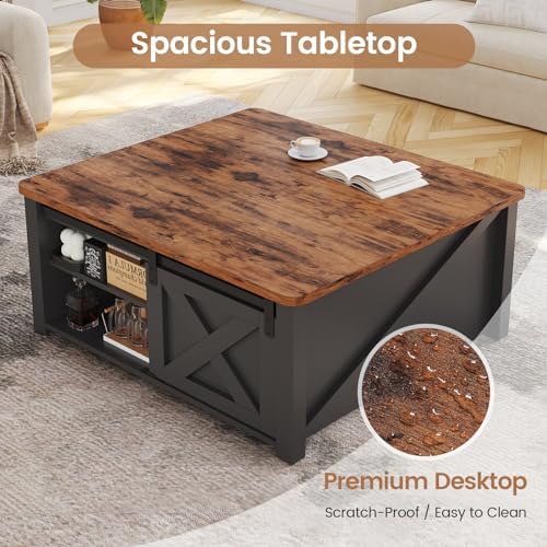 SEDETA 31.5" Lift Top Coffee Table with Storage, Square Coffee Tables for Living Room, Farmhouse Coffee Table with Large Hidden Storage Compartment and Adjustable Shelves, Black - Image 5