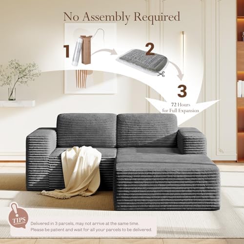 Vesgantti 80" Modular Sectional Sofa, Corduroy Cloud Couch with Deep Seats & Spring Support, Compact 2 Seater Boneless Couch, L-Shaped Modular Sofa for Small Spaces, Apartments, No Assembly, Grey - Image 4