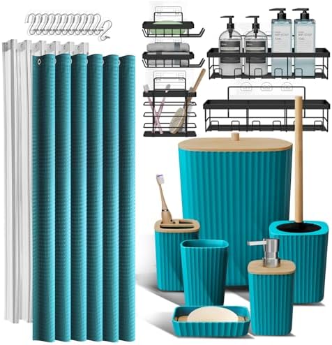 Clara Clark Bathroom Accessories Set - Bathroom Set with Adhesive Corner Shower Caddy Hanging, 25PC Bathroom Accessory Set, Teal Shower Curtain Set, Toilet Brush, Trash Can & Soap Dispenser by ClaraClark