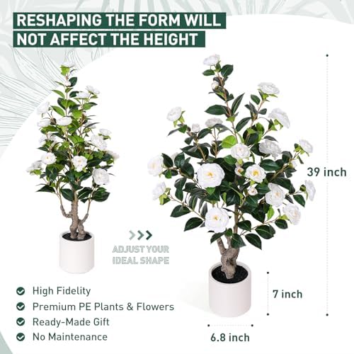 Yepdin 2 pcs Pack Artificial Camellia Tree with White Planter - 39 inch Tall Fake Tree,3.2 Ft Artificial Plants Indoor & Outdoor Housewarming Gift - Image 4