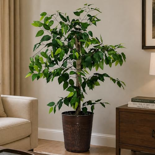 Artificial Tree 4ft Artificial Ficus Tree in Copper Metal Pot by LCG Florals – Faux Indoor Plant with Real Wood Trunk, Fully Assembled for Living Room, Office & Entryway Décor - Image 2