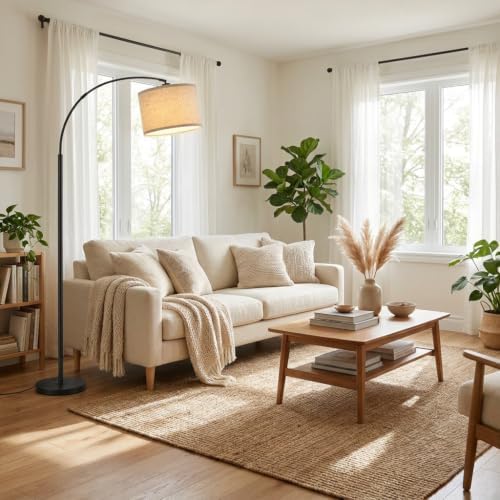 Arc Floor Lamps with Remote Control and Stepless Dimmable Color Temperature and Brightness Standing Lamp with Adjustable Beige Hanging Shade Pole Lamp for Bedroom Office, 9W Bulb Included, Black - Image 6
