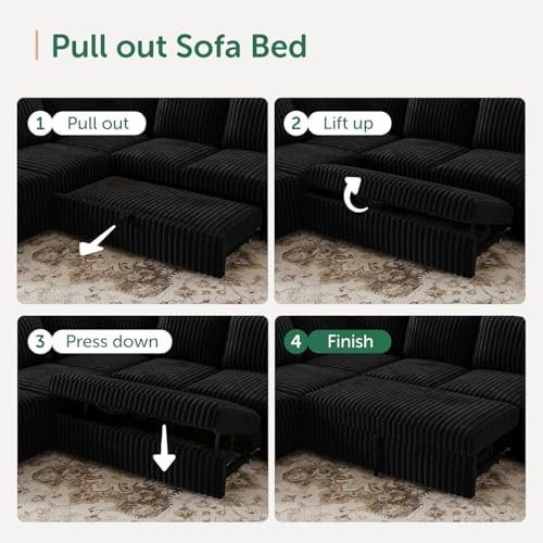 HONBAY Modular Sectional Sleeper Sofa with Pull Out Bed,Corduroy L Shaped Couch with Storage, Sectional Couches for Living Room,Black - Image 5