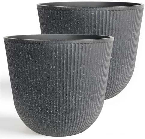 WORTH Garden Round Large Planter Pot Set of 2-17.5" Dia x 15.5" H - Durable Plastic Grey Plant Tree Pots with Vertical Stripe Textured Finish, Drainage Hole for Indoor, Outdoor, Front Porch, Patio by WORTH