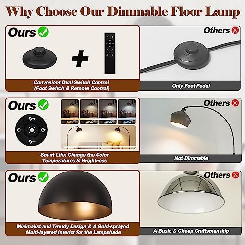 Bronze Arch Floor Lamps for Living Room Dimmable - Upgraded 9W LED Arc Lamp with 4 Color Temperatures, Remote Control Rustic Arched Floor Lamp, Reading Standing Lamp for Bedroom (Bulb Included) Brown - Image 6