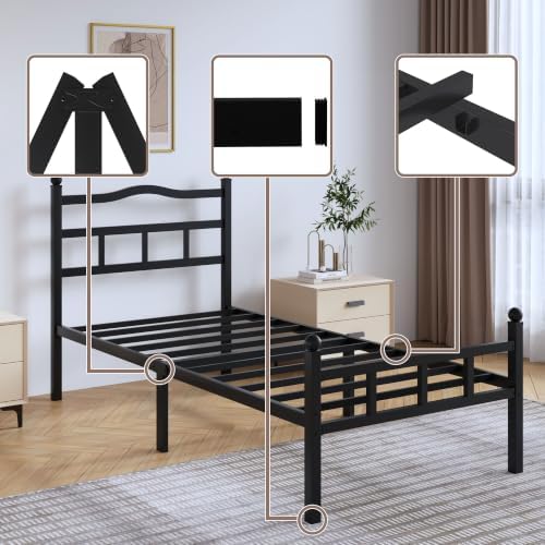 SHOANED Metal Bed Frame with Headboard & Footboard - 14 Inch Twin XL Size Heavy Duty Bedframe Black Basic Steel Slats Platform No Box Spring Needed/Easy Assembly/Noise Free - Image 4
