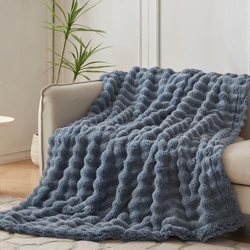 COOVA Soft Bubble Faux Fur Throw Blanket, 50"x60", Cationic Dark Blue - Image 2