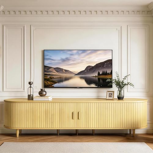 MXV 70" TV Stand with Sliding Doors for Living Room, Mid Century Modern Entertainment Center, TV Console with Fluted Door Cabinets and Power Outlet, Oak - Image 7