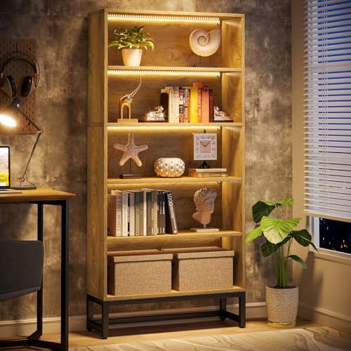 Tribesigns Tall Bookcase and Bookshelf, 70.8" Large Bookcases Organizer with LED Lights, Heavy Duty Free-Standing Library Bookshelf with 5-Tier Storage Shelves for Living Room, Bedroom (Brown) by Tribesigns
