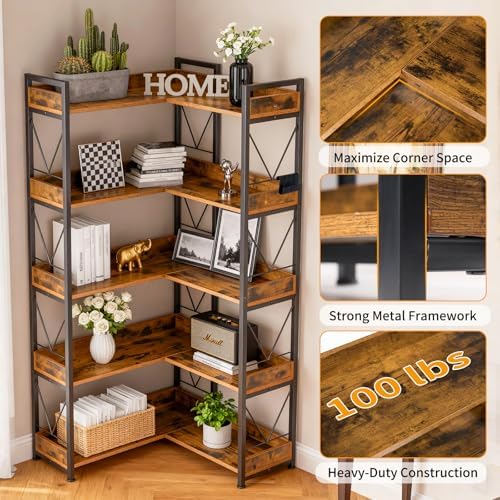 DUMOS 65 inch L Shaped Bookshelf, 5 Tier Corner Bookcase with Hooks and Edge, Industrial Pantry Shelves with Metal Frame, Wooden Open Storage for Living Room, Home Office, Bedroom, Rustic Brown - Image 4