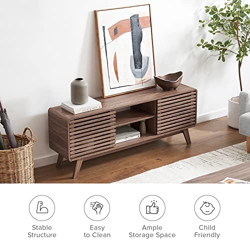 mopio Ensley 59" Tall TV Stand with Slatted Door, Mid Century Modern Entertainment Center for 55-65 inch TV, Farmhouse Media Console with Storage, Adjustable Shelves, Round Edges, Living Room (Walnut) - Image 6