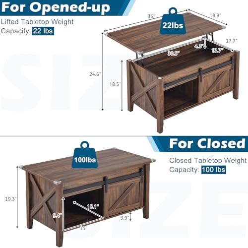 VINGLI Farmhouse Lift Top Coffee Table,36" Living Room Table,Espresso - Image 2