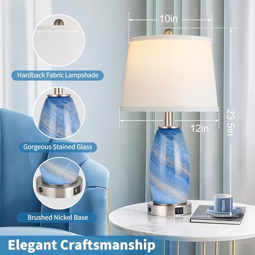 Lovlast Blue Lamps Set of 2 for Living Room Bedroom, 23.5" Glass Lamps - Image 4