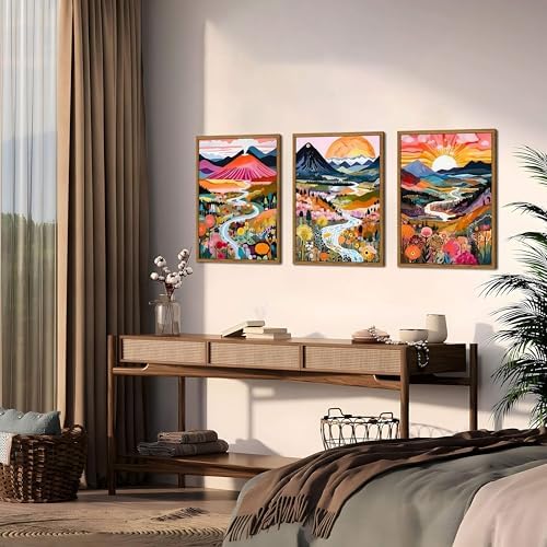 Floating Framed Boho Colorful Wall Art, Abstract Watercolor Mountain Landscape Wall Decor Painting Set of 3, Modern Flower Aesthetic Posters Prints for Living Room Bathroom Bedroom 12x16 Inch - Image 6