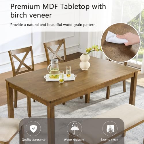 Harper & Bright Designs Complete 6-Piece Oak Dining Set –58.5" Rectangular Table + 4 X-Back Chairs + Upholstered Bench,Solid Rubberwood Frame,Farmhouse Style,Seats 6 - Image 3