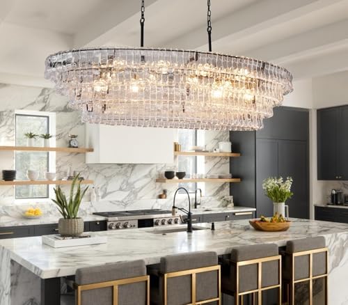 Large 65 Inch Black Rectangular Chandelier for Dining Room Modern, Clear Glass Drum Pendant Light, Extra Long Kitchen Island Lighting - Image 5