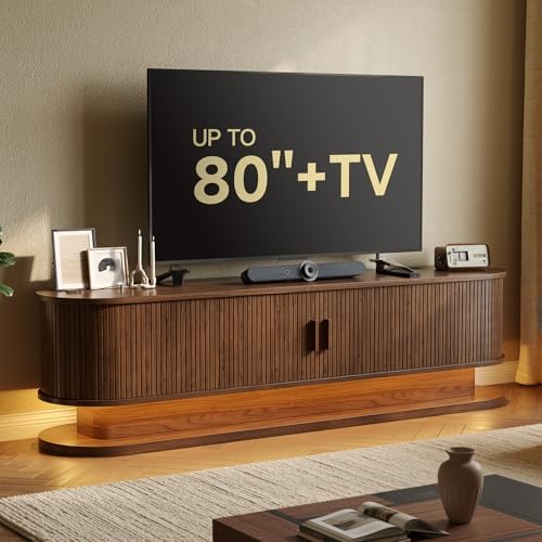 ONBRILL 70" TV Stand up to 80 Inch with LED Lights and Power Outlet, Walnut by ONBRILL