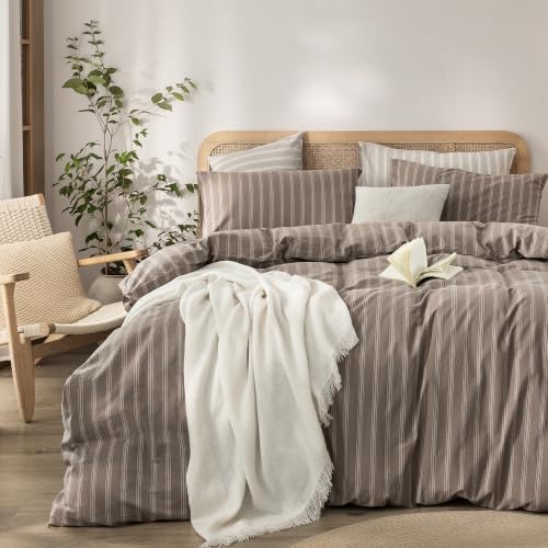 BESTOUCH Striped Cotton Duvet Cover Set Linen Feel Oversized King by BESTOUCH
