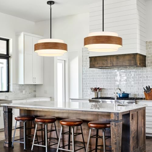 20'' Farmhouse Chandelier, 5-Light Drum Chandelier Round Pendant Light Fixture with Fabric Shade, Wood Grain Rustic Chandeliers for Dining Room Bedroom Living Room Foyer Entryway - Image 2