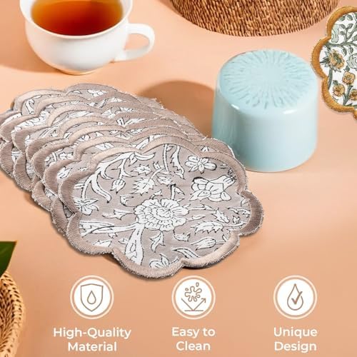 Ridhi 8-Pcs 100% Cotton Hand Block Print Drink Coasters 5" in Taupe - Image 3