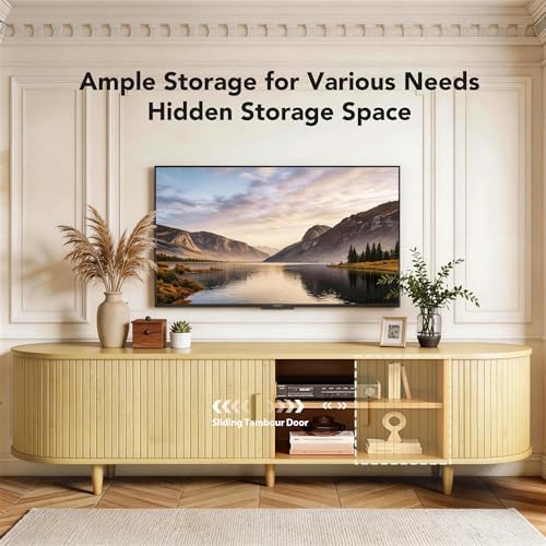 MXV 65" TV Stand with Sliding Doors for Living Room, Mid Century Modern Entertainment Center, TV Console with Fluted Door Cabinets and Power Outlet, Oak - Image 2
