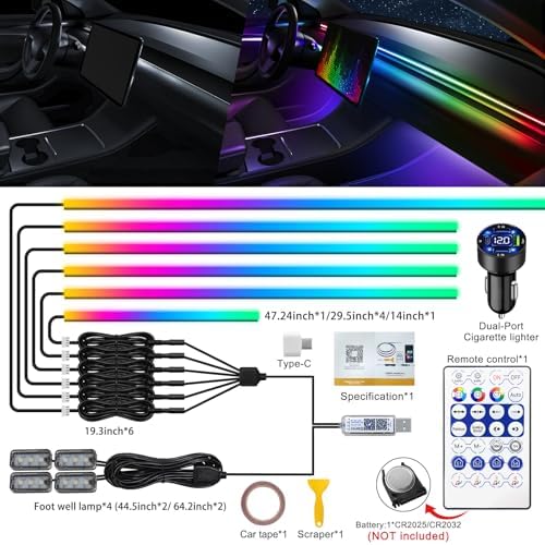 Dreamcolor Acrylic Interior Car LED Strip Light with USB/Type C/4-Port Cigarette Lighter, RGB 10 in 1 with 179.2 inches 650 LEDs Ambient Lighting Kits, Sound Active Function Neon Led Strips for Car - Image 2