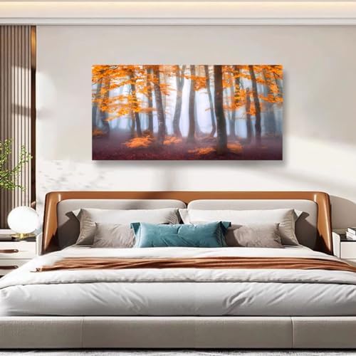 Orange Maple Leaf Tree Canvas Wall Art for Living room Office Bedroom Mist Forest Wall Art Print Paintings Modern Nature Autumn Landscape Pictures Wall Decor Artwork Ready to Hang - 20in * 40inch - Image 4