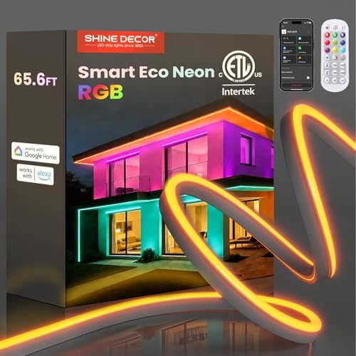Shine Decor Smart LED RGB Neon Rope Lights AC 120V, ETL Expandable Color Changing Dimmable with Remote Compatible with Alexa, Google Assistant, Cold-Resistant & IP65 Waterproof, 8x16 mm, 65.6FT by ShineDecor