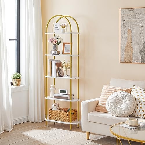 HOOBRO 5 Tier Open Bookshelf, Industrial Arched Bookcase Display Shelf Rack, Wooden Bookcase Storage Shelf Metal Frame, Tall Storage Organizer for Home, Easy Assembly, Gold DM176SJ01 - Image 2