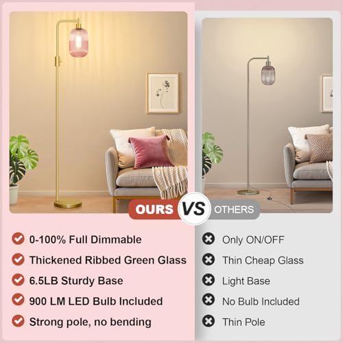 【Upgraded】 Dimmable Floor Lamp for Living Room with Pink Ribbed Glass Lampshade, Gold Modern Floor Lamp with 900LM LED Bulb Included, Arc Standing Tall Lamp for Bedroom, Office, Reading Room, Corner - Image 2