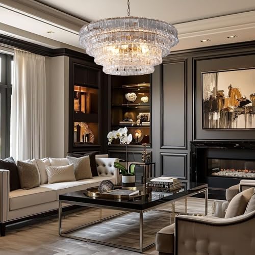 Modern 36-Inch Round Gold Chandelier, Clear Glass Drum Pendant Light for Dining Room, Large Ceiling Fixture for Living Room & Bedroom - Image 7