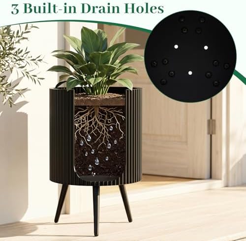 GIANTEX 16 Inch Plant Pot with Stand, Mid-Century Modern Fluted Planter - Image 4
