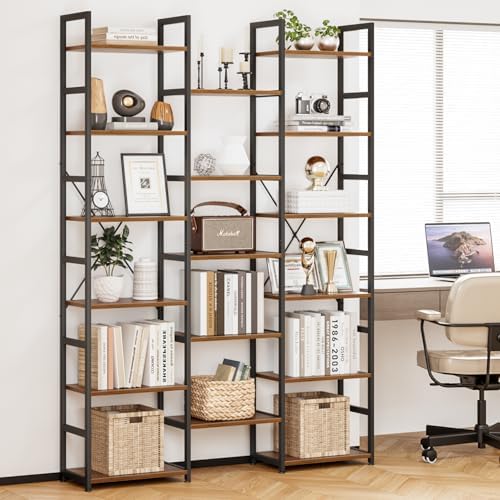 NUMENN Triple Column 6 Tier Bookshelf with 17 Adjustable Shelves, Vintage - Image 2