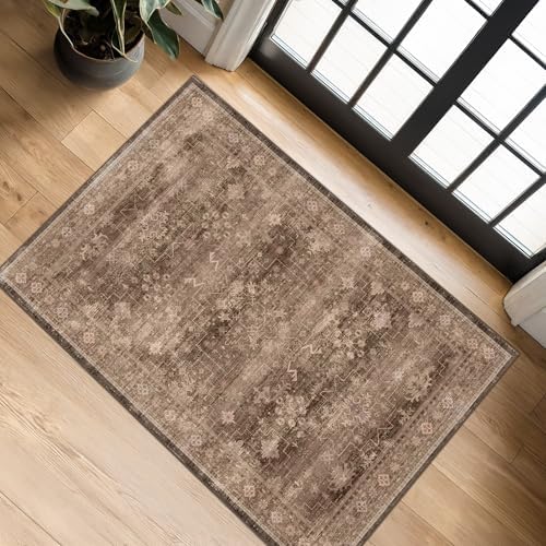 Boho Taupe Brown 2x3 Entryway Rug - Modern Vintage Traditional Eclectic Oriental Neutral, Washable Low Pile Non-Slip Small Throw Area Rugs for Door Mat Indoor Entrance, Kitchen, Bathroom - Image 3