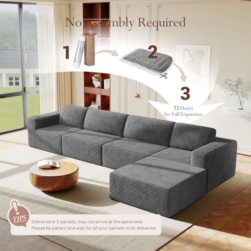 Vesgantti 159" Large Modular Sectional Sofa, L-Shaped Corduroy Cloud Couch with Deep Seats & Spring Support, 4-Seater Boneless Sofa with Movable Ottoman, No Assembly Needed, Grey - Image 6