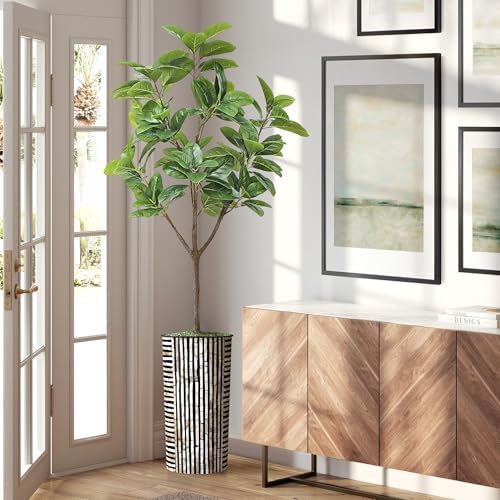 Artificial Tree in Black and Brown Striped Planter, Fake Magnolia Tree for Indoor and Outdoor Home Decoration - 70" Overall Tall (Plant Pot Plus Tree) by SIGNWIN